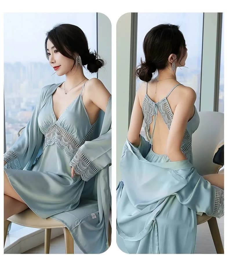 Women Kimono loose robe bridesmaid dresses of honor Set nightdress in satin lace Sexy Loungewear Casual Home dress Lingerie