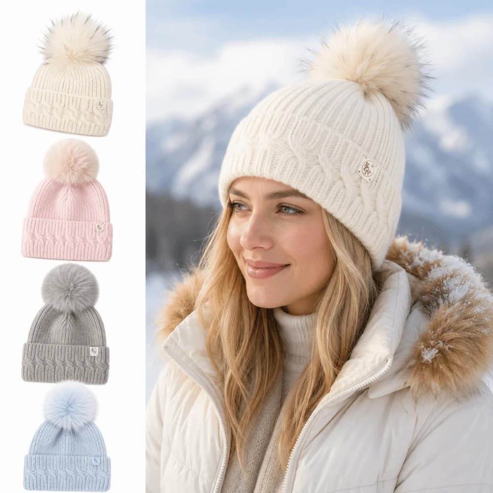 Thermal Thick Fox Fur Pompom Hat Windproof Twist Knit Knitted Pompom Beanie Ear Protection Thermal Winter Hat Snow Ski