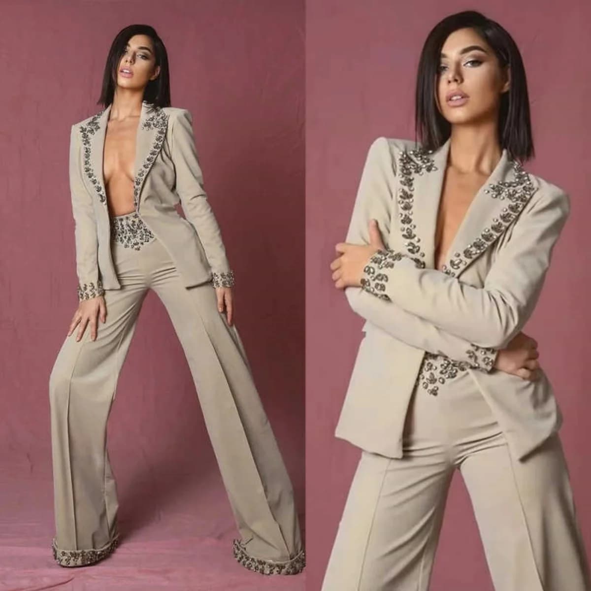 Abito da donna con strass sorprendenti, 2 pezzi, blazer e pantaloni, per occasioni formali, giacca da donna, per matrimoni, banchetti, personalizzabile