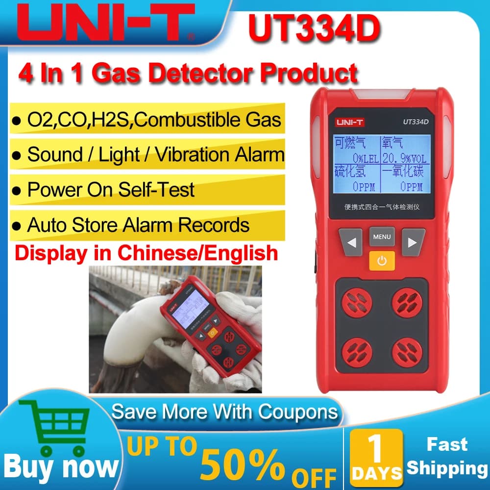 UNI-T UT334D Gas Detector Device 4 in 1 Oxygen Hydrogen Sulfide Carbon Monoxide Combustible O2 Ex H2S CO Gas Monitor Alarm