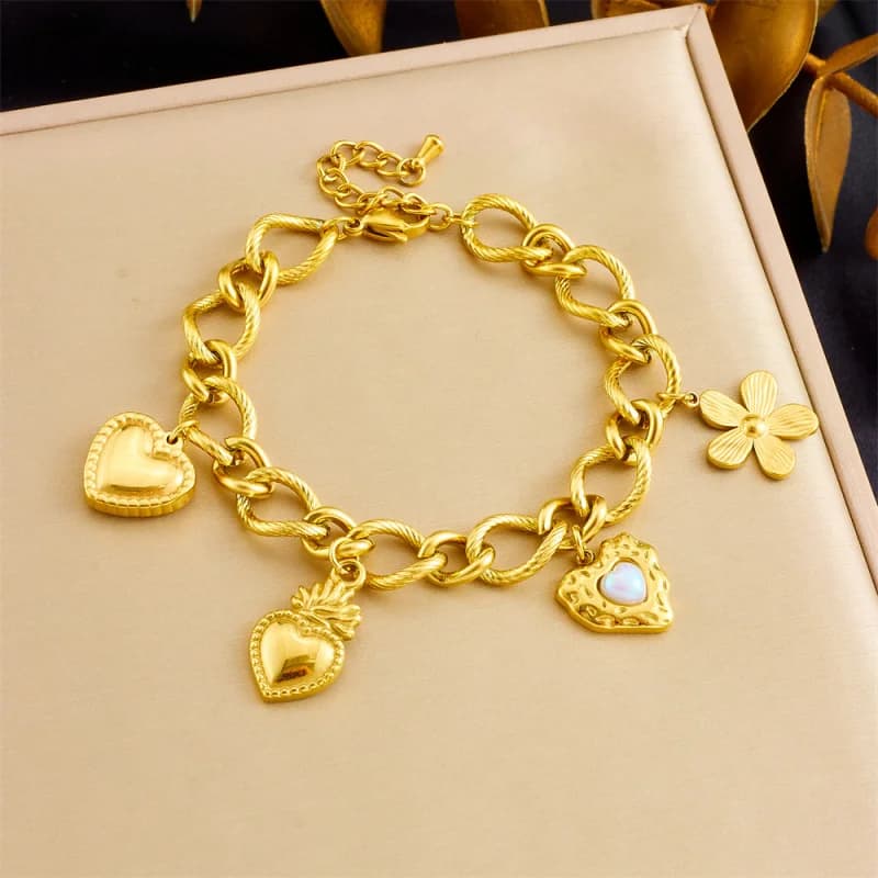 Bracciale in acciaio al titanio placcato oro 18k con fiori e cuori, gioiello unisex stile cubano