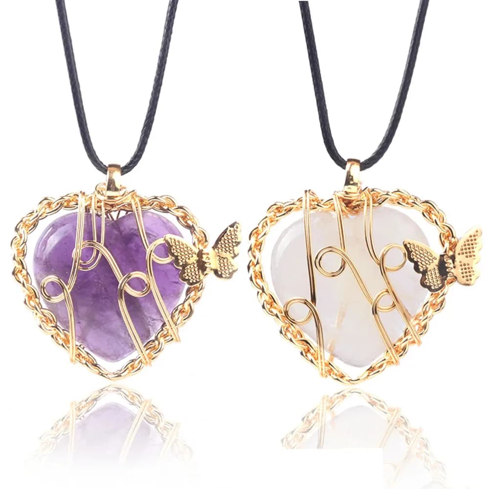 Collana a forma di cuore con avvolgimento in filo di pendolo Reiki in cristallo di pietra naturale per accessori di gioielli con collana di cristallo di quarzo rosa da donna