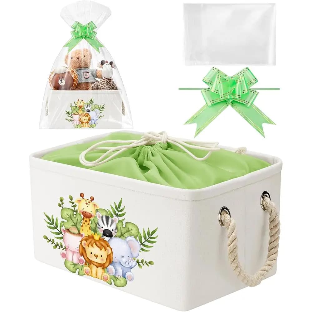 Baby Shower Storage Basket with Git Bags, Regular Ribbons, Collapsible Canvas Storage Bin with Handles or Diaper Organizing Toy