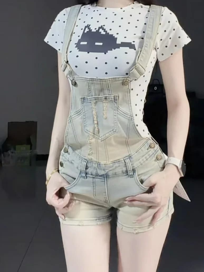 Retro Hole Denim Overalls Women Summer New Style Casual Low Waist Jeans Short Pants Small Design Sensation Loose Fit Jeans