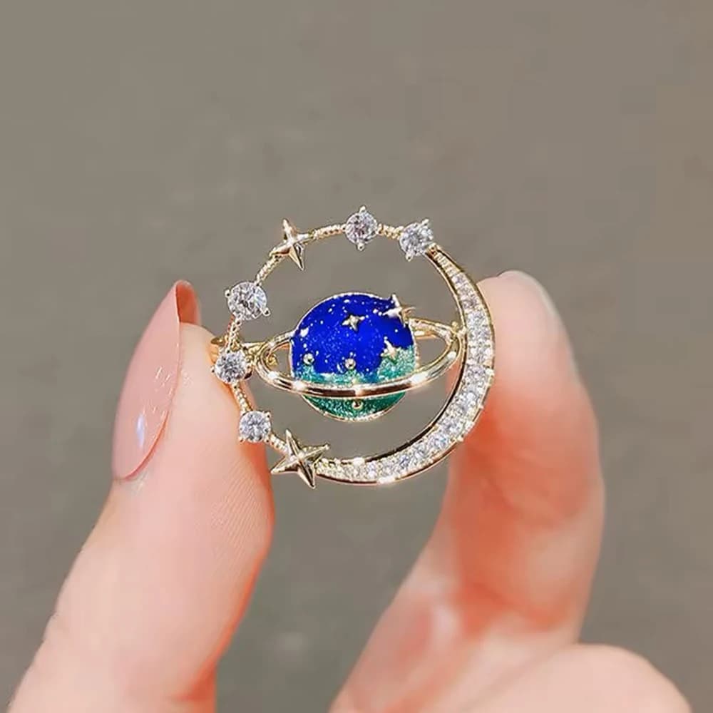 Mini Cosmic Planet Star Moon Crystal Brooch, Dainty Galaxy Lapel Pin, Versatile Ornament For Backpack, Denim Jacket & Casual Outfit Matching