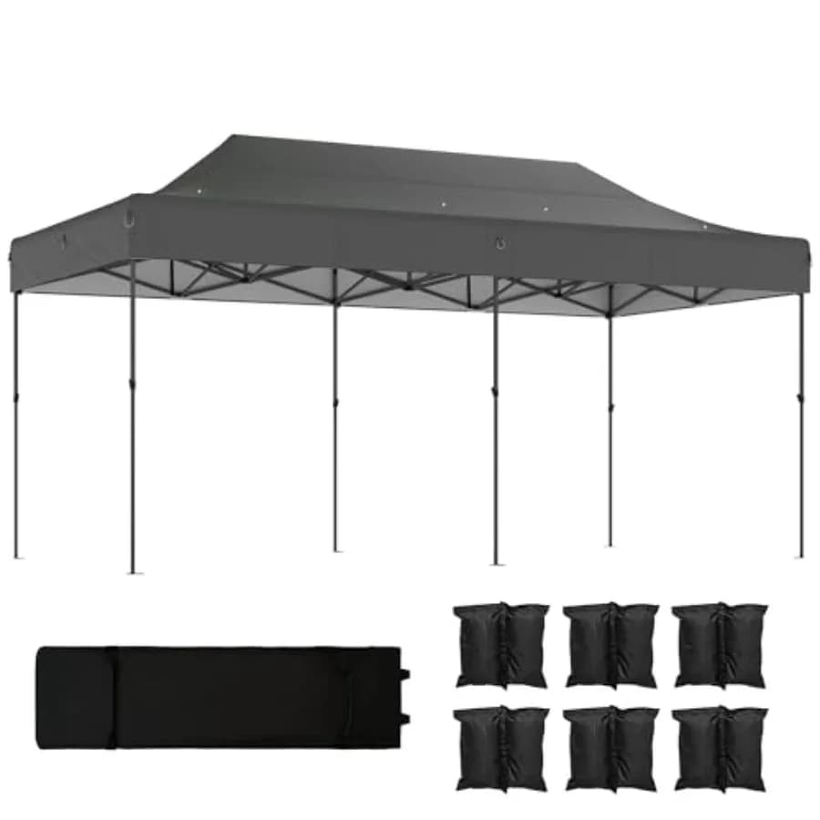 Tenda a baldacchino pop-up 10 x 20 piedi per feste, eventi, campeggio; tessuto in poliestere resistente, grigio scuro, protezione solare UPF50+, portatile