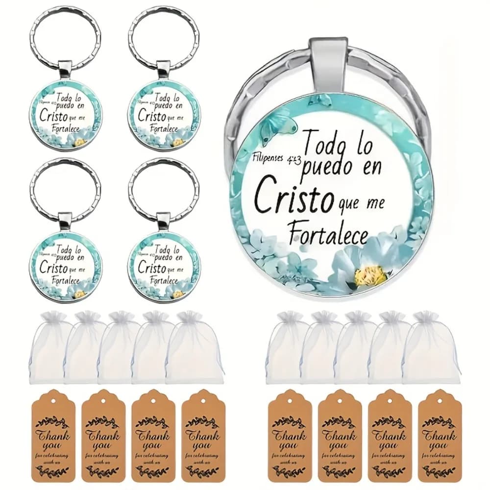 Set di 15 Portachiavi Cristiani Floreali Azzurri con Scritture, 5 Set, Regali per Donne, Chiesa, Battesimo