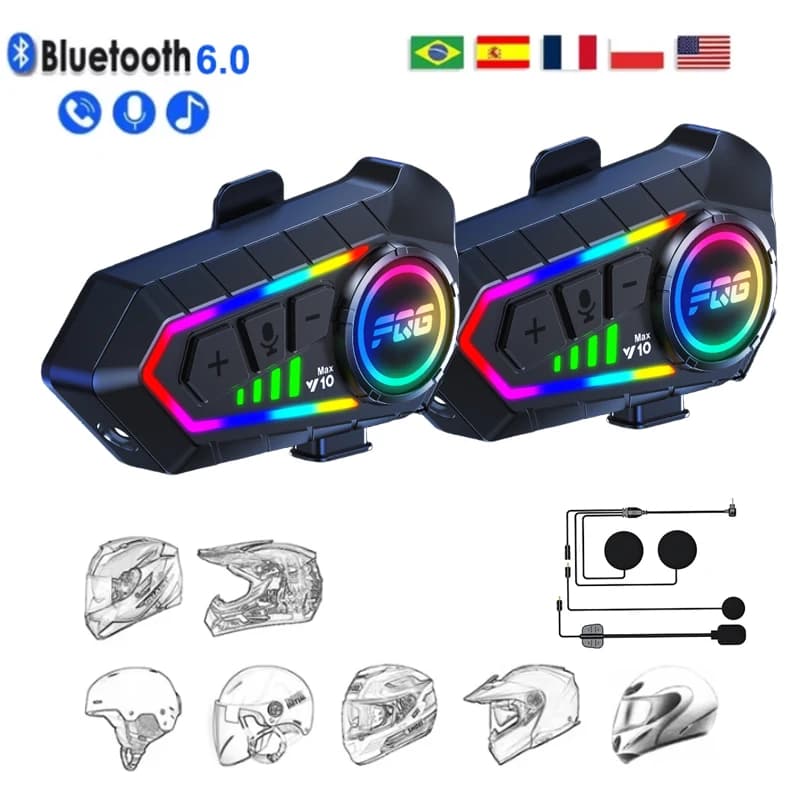 KEBIDUMEI Bluetooth 6.0 Intercom for motorcycle Headphones for helmet with ambient light RGB Noise reduction Headphone Wireless Intercom