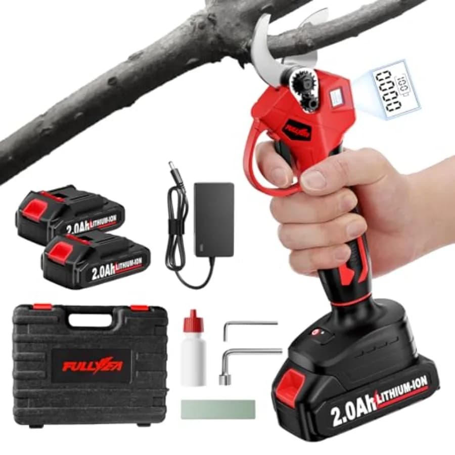 Electric pruning scissors with cutting diameter of 1.4 inch, LCD display and 2 rechargeable batteries of 2.0 Ah, brushless motor