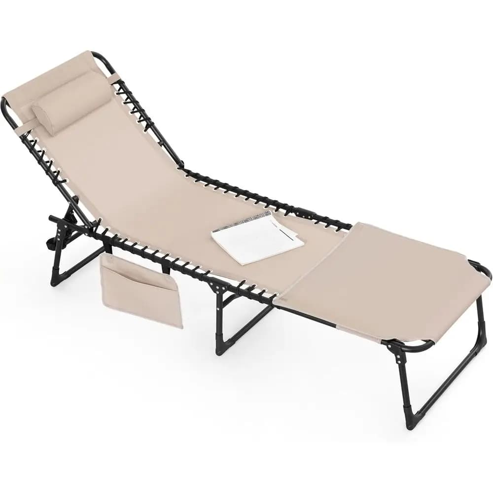 Adjustable 5-Position Reclining Chaise Lounge with Sunbathing Hole and Pillow - Portable for Outdoor, Beach, Poolside, and Campi