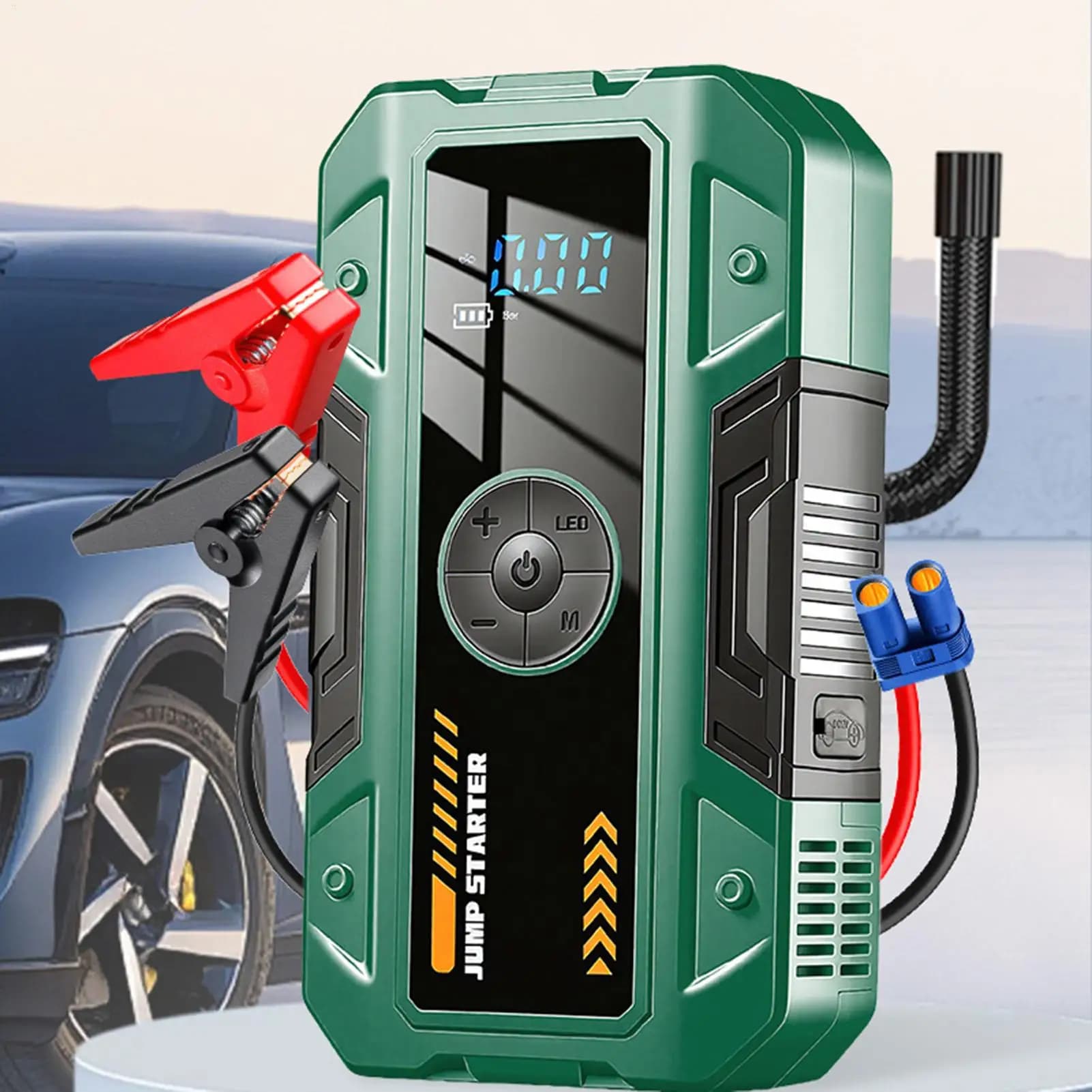 Avviatore di emergenza per auto 2 in 1 con luce, display digitale, pompa d'aria impermeabile, power bank per veicoli, auto e moto
