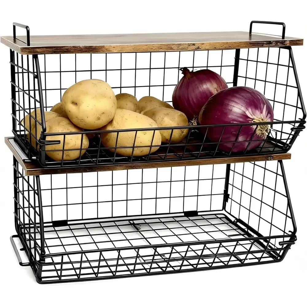 Confezione da 2 organizzatori per dispensa extra large e portaoggetti impilabile per sacchetti della spazzatura, cestello per organizzatori per lavanderia con piano in legno, parete Mo