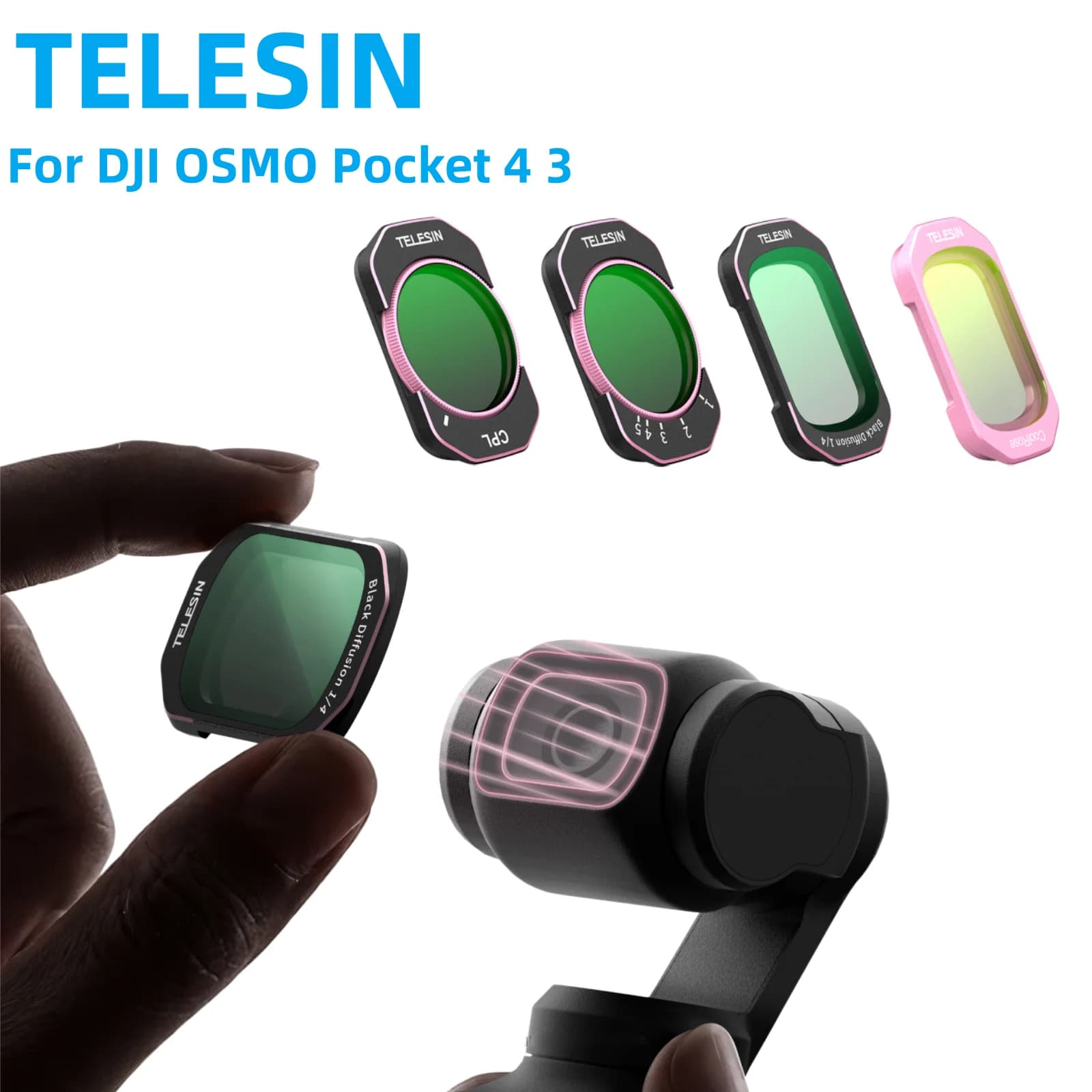 Kit di Filtri per Lenti TELESIN per DJI Osmo Pocket 4 e Pocket 3, CPL VND Diffusione Nera 1/4, Filtro Lenti in Vetro Ottico HD Cool ROSE