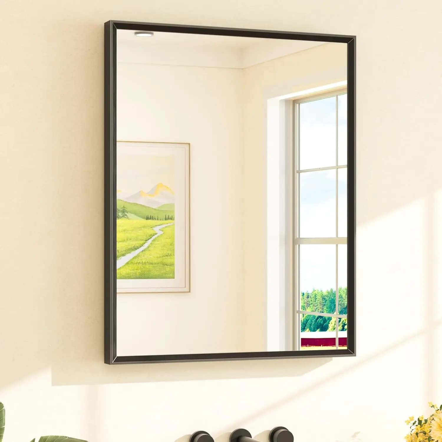 Specchio da bagno nero 24" x 30" rettangolare opaco con cornice smussata per lavabo, vetro temperato