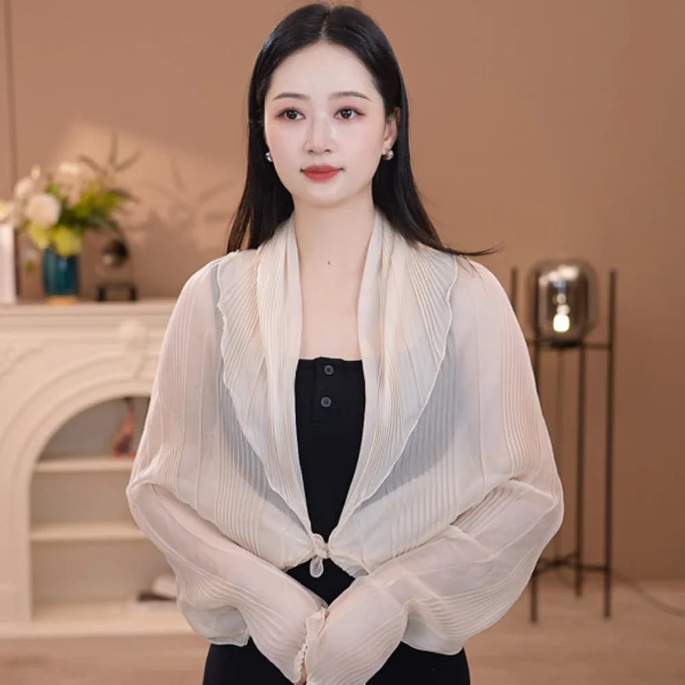Solid Color Sun Protection Top Round Neck Thin Fabric Chiffon Tops Sheer Texture Polyester Material Long Sleeve Cover Up Cycling