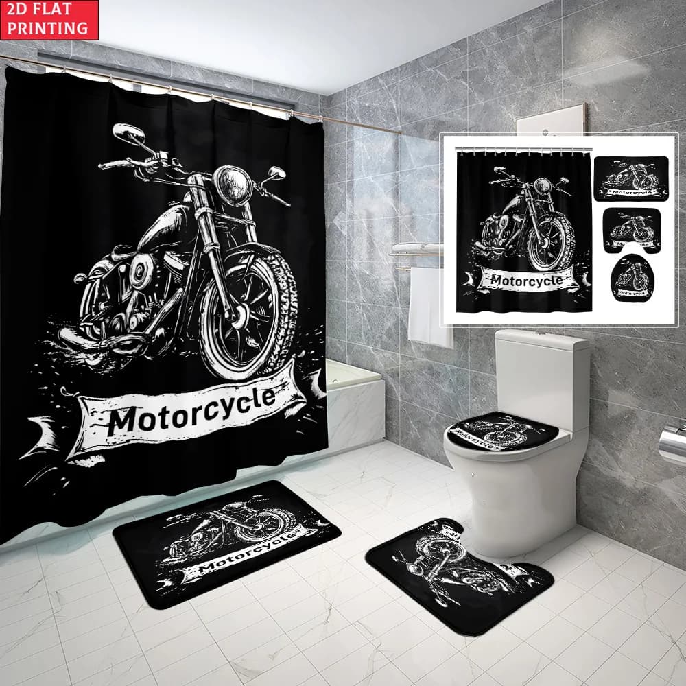 Cool Motorcycle Shower Curtain Set Biker Bathroom Bath Mat Waterproof Retro Graphic Decor Art Home Gift for Men Boy