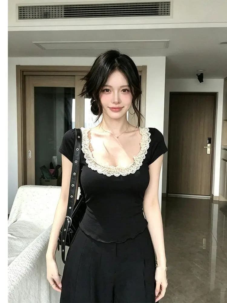 Pure Desire Sweet Spicy Girl Lace Low U-Neck Short Sleeve T-Shirt Women's Summer New High-End Waist-Cinching Black Top