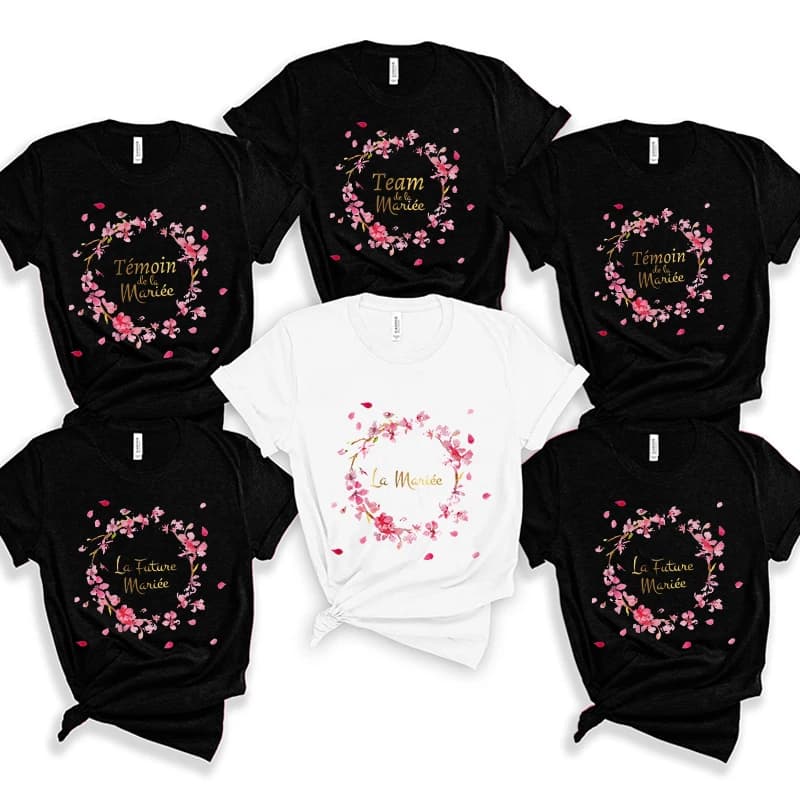 Maglietta da sposa francese, T-shirt per addio al nubilato, Maglietta EVJF per la futura sposa, Maglietta Team Bride, Top con ghirlanda per damigelle