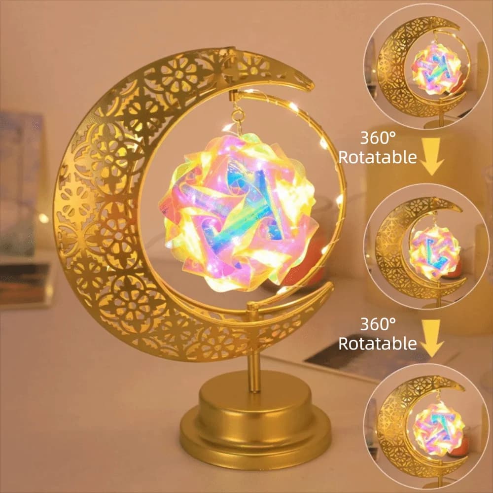 Lampada Luna LED in Metallo con Design Rotante, Finitura Dorata, Lampada da Tavolo Ramadan con Motivo a Stelle, Elegante Luce da Tavolo per Arredamento Casa