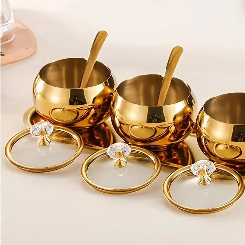 1 Set of 2/3 Stainless Steel Seasoning Jar Set, Spice Container with Lid and Spoon, Gold Seasoning Bottle with Service Tray, Suitable for Kitchen Jar Combination of Pepper, Salt, Spices, Candy, Coffee Beans