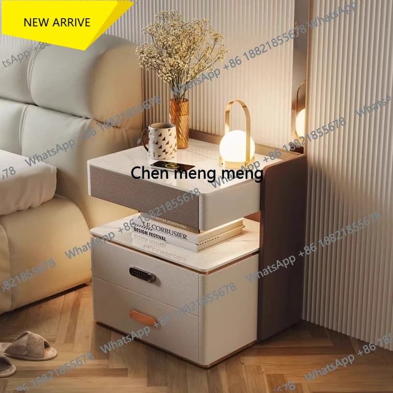 Comodino Smart A178, Ricarica Wireless, Serratura con Password, Tre Ripiani, Armadietto in Legno Massello per Camera da Letto