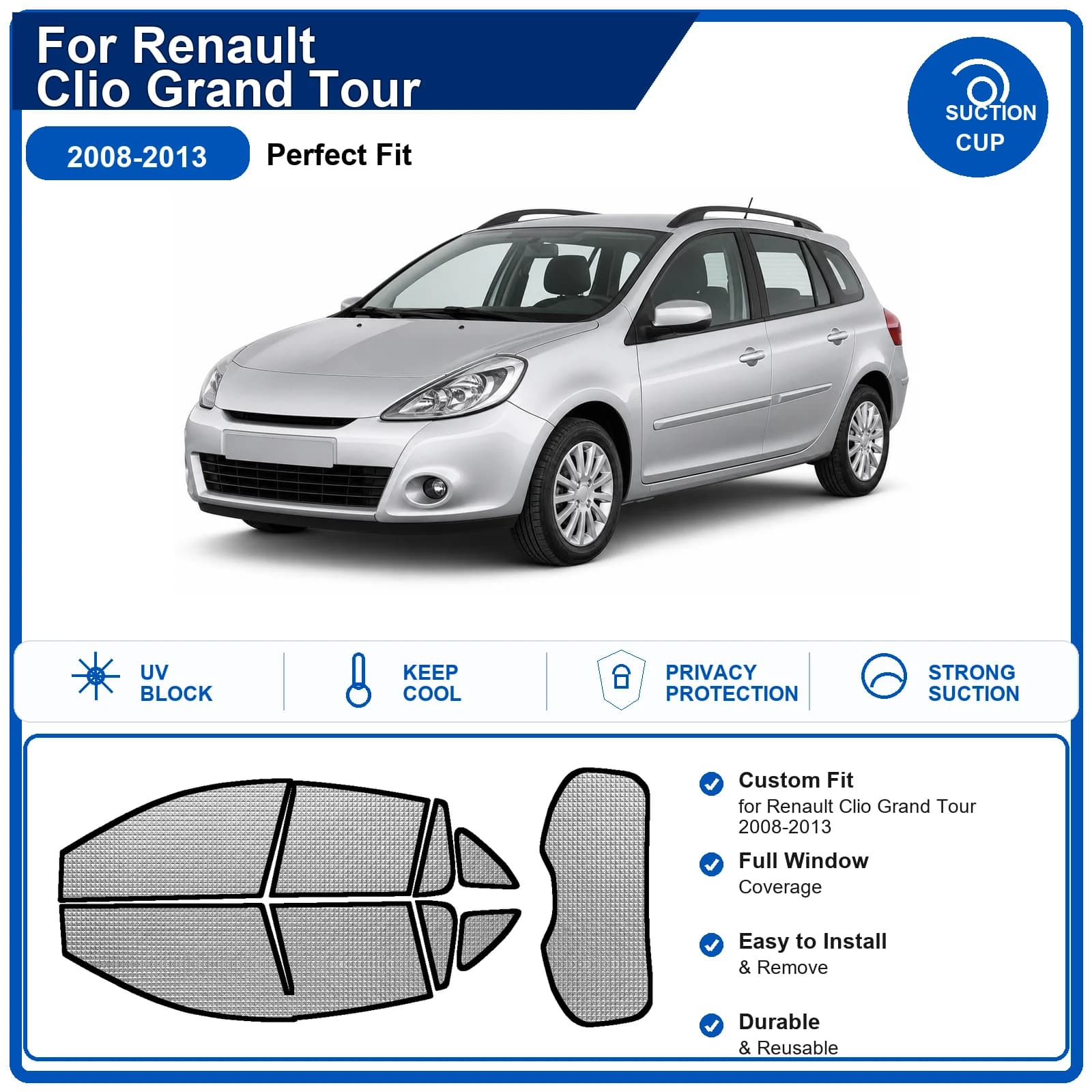 For Renault Clio Grand Tour 2008-2013 Custom Full Set Windshield Sun Shade Aluminum Foil Heat Insulation Anti UV Foldable