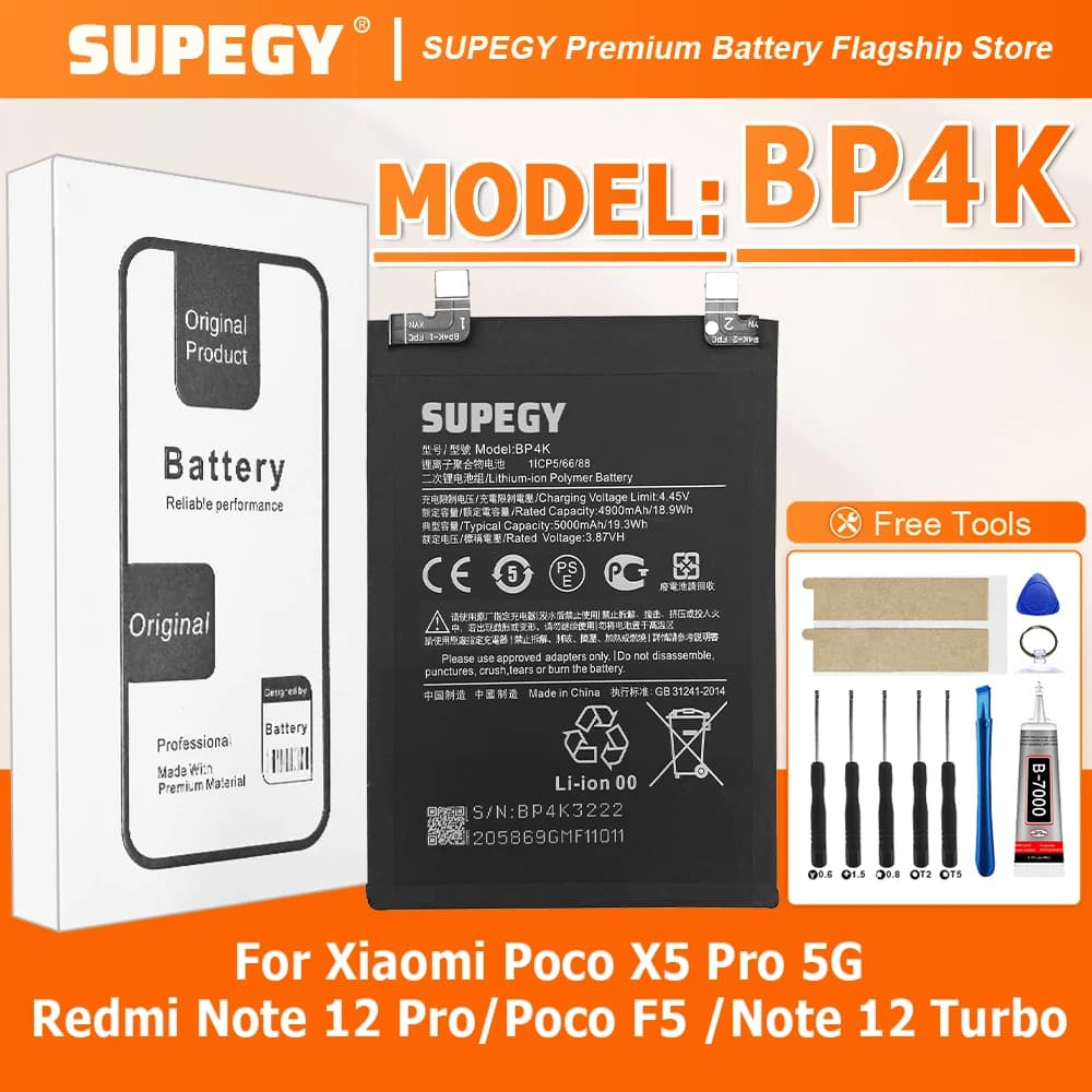 SUPEGY 100% New Battery BP4K For Xiaomi Poco X5 Pro 5G/REDMI Note 12 Pro/Poco F5 /Note 12 Turbo Battery + Free Tools