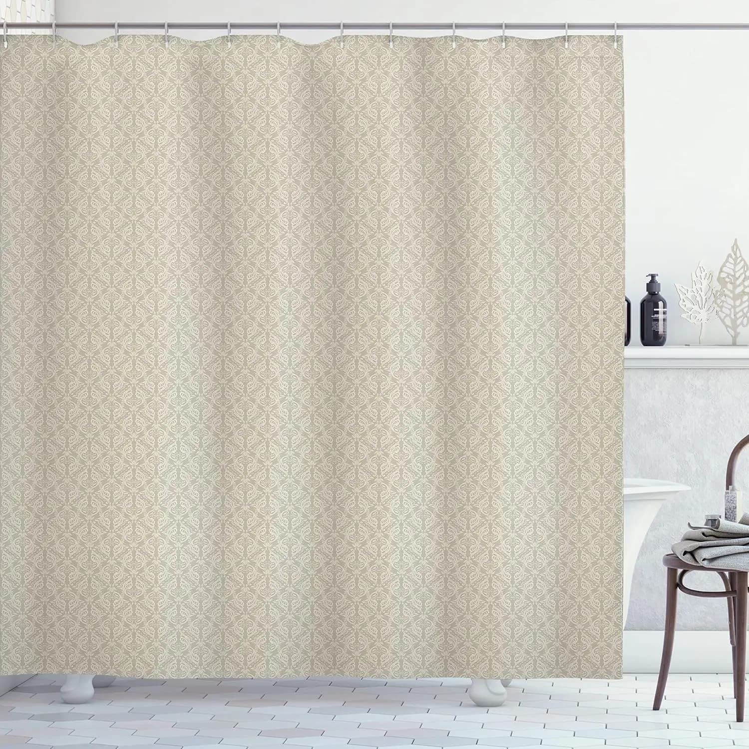 Tenda da doccia con motivo damascato beige, design classico ed elegante, arredamento per il bagno, lino180x200