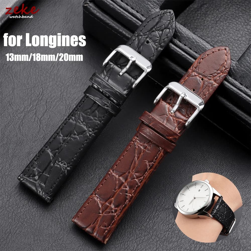 Cinturino per Orologio in Pelle Opaca Goffrata Coccodrillo per Longines 20mm 18mm 13mm, Cinturini di Ricambio per Uomo Donna, Nero Marrone