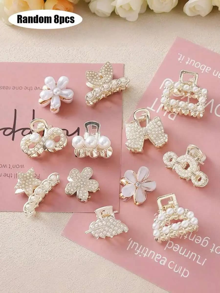 8pcs Womens Faux Pearl Flower Hair Clips Assorted Metallic Claw Clips Decorative Hair Accessories