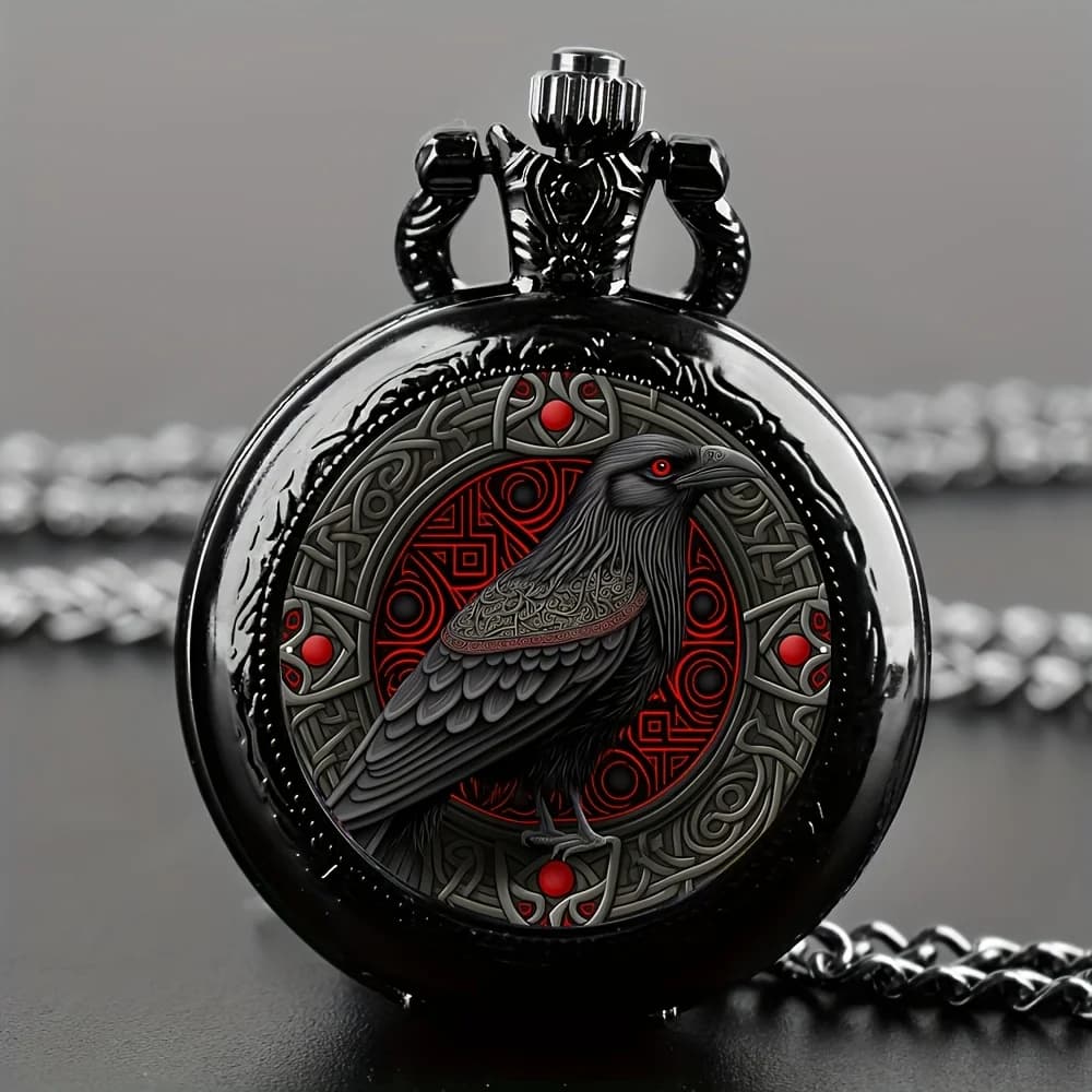 Gothic Design Black Raven Pocket Watch With Necklace Alloy Case & Band,Quartz Movement, Non-Waterproof Watch for Men Women Kids