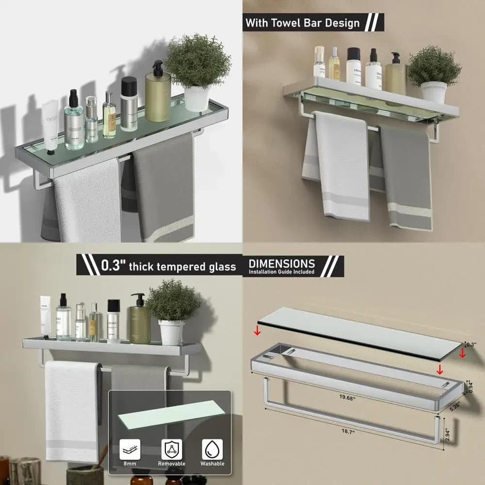 Mensole sospese in vetro per bagno e spazi abitativi con portasciugamani, soluzione di stoccaggio rettangolare temperato