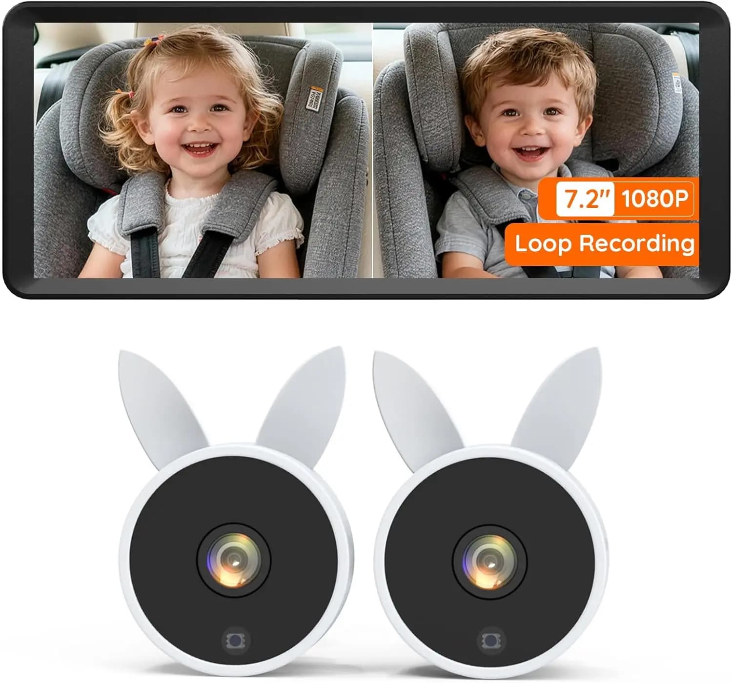 Monitor per Bambini con Doppia Telecamera per Auto, Schermo Diviso da 7,2 Pollici, Visione Notturna 1080P, Registrazione per Gemelli e Bambini