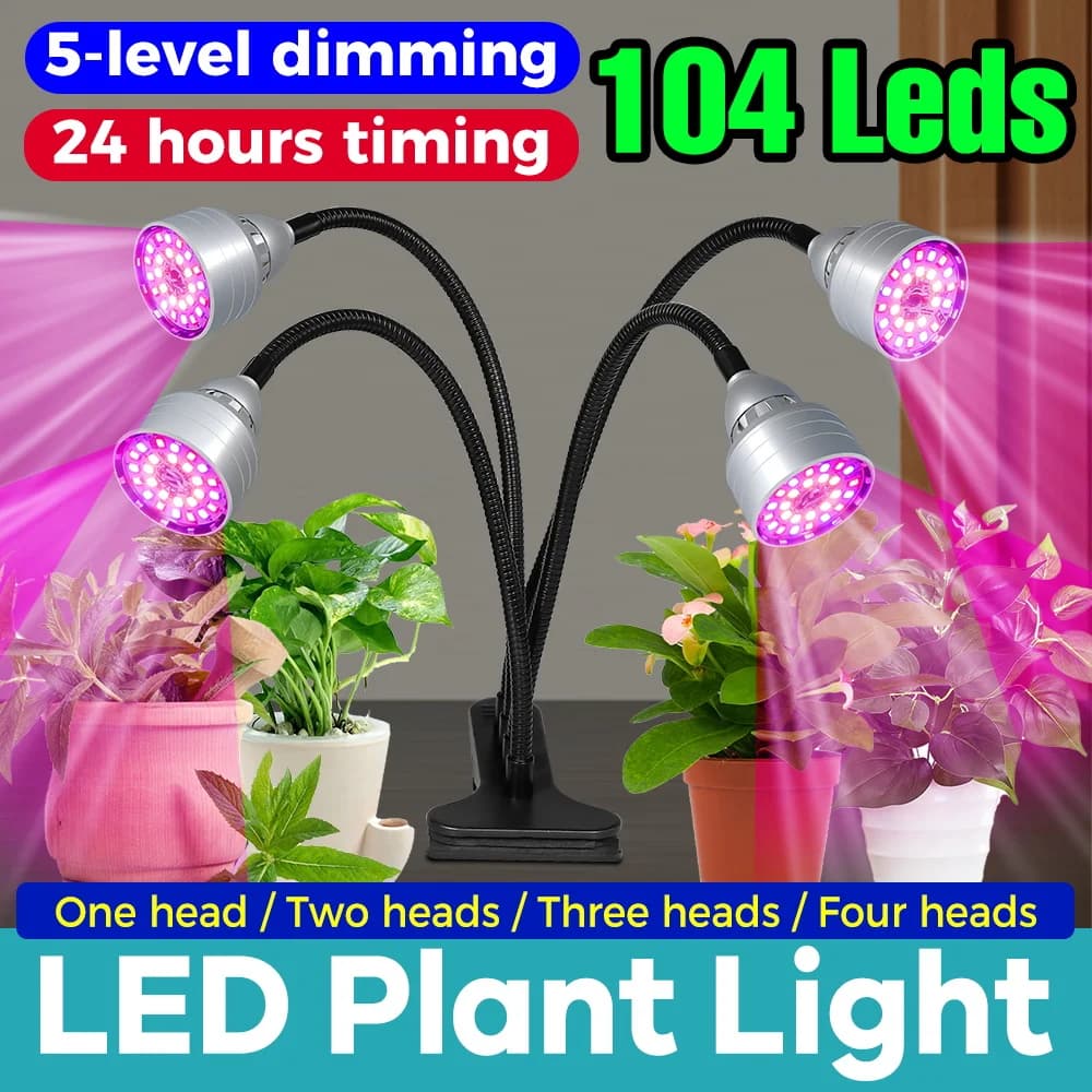 LED Lamp for Cultivation Plants with 1/2/3/4 Heads, Clips and 3 Colors of Light Switchable, USB, Dimmable, Complete Spectrum