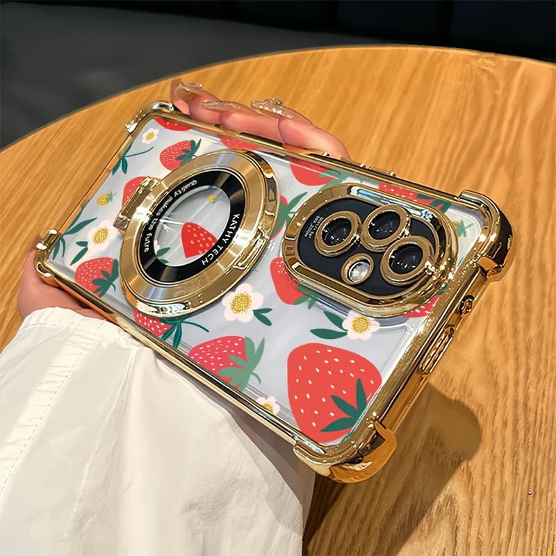 Custodia per telefono antiurto trasparente con placcatura per Huawei Nova 9 4E P40 Pro P30 Lite, con supporto e motivo fragola e limone, in silicone