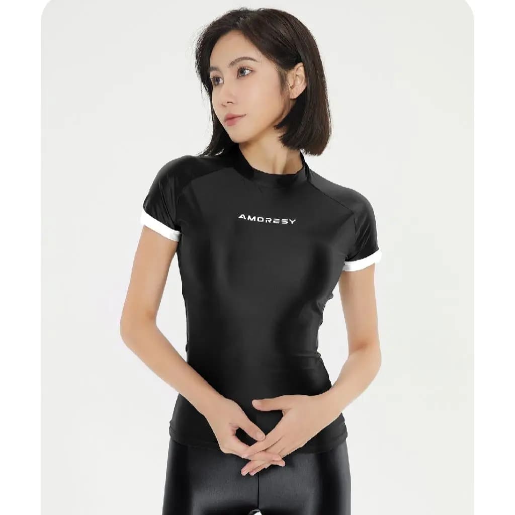 DROZENO Women's One-Piece Swimsuit Black/White Half Sleeve T-Shirt Glossy Silk Stretch Base Slimming Swimwear