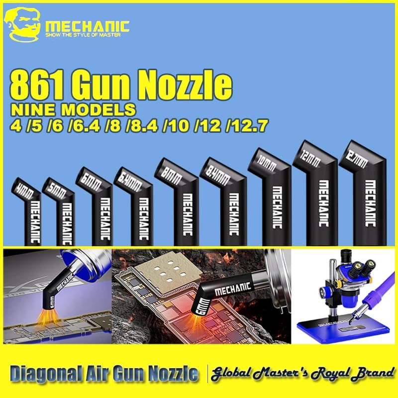 MECHANIC 861 Angled Heat Gun Nozzle Set 9 Sizes Premium Steel Tips for Precision Work Under Microscopes Fits Most Heat Guns
