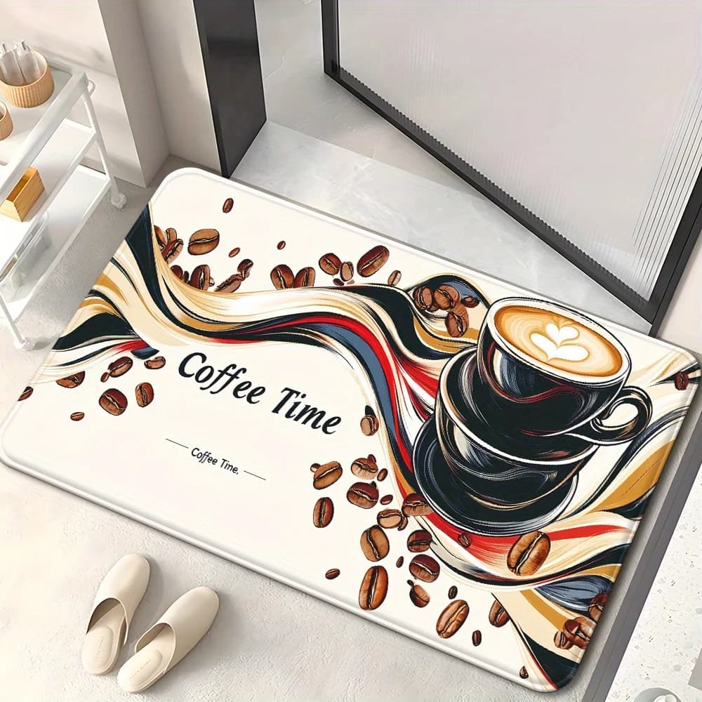 1pc 2D Flat Coffee Time Latte Art Beans Swirl Flannel Kitchen Mat Non Slip Cafe Decor Rug For Entryway Dining Floor