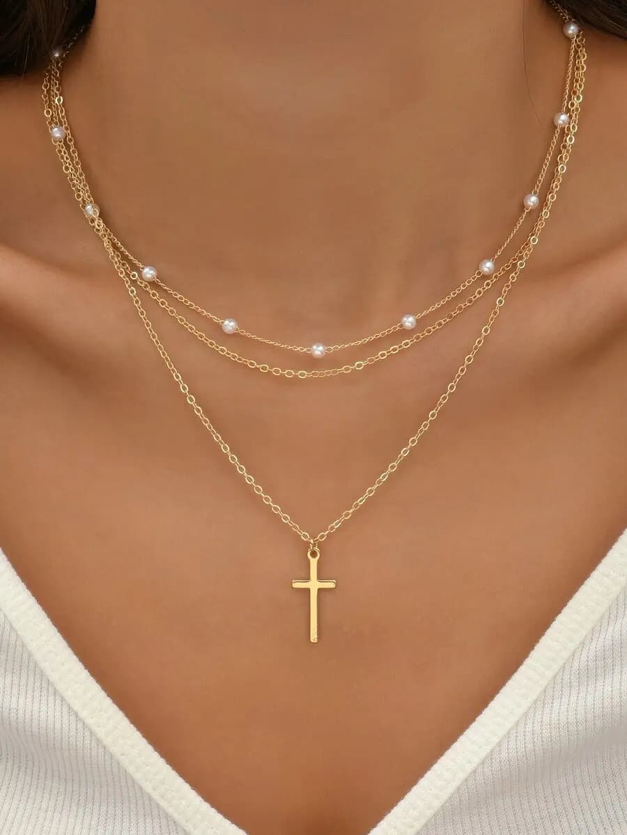 2pcs Women’s Faux Pearl and Cross Pendant Necklace with Varying Pearl Counts