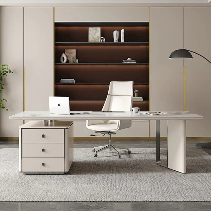 Scrivania moderna in pietra sinterizzata con armadietto portaoggetti con cassetti e gambe in metallo, scrittoio contemporaneo per l'home office o lo studio