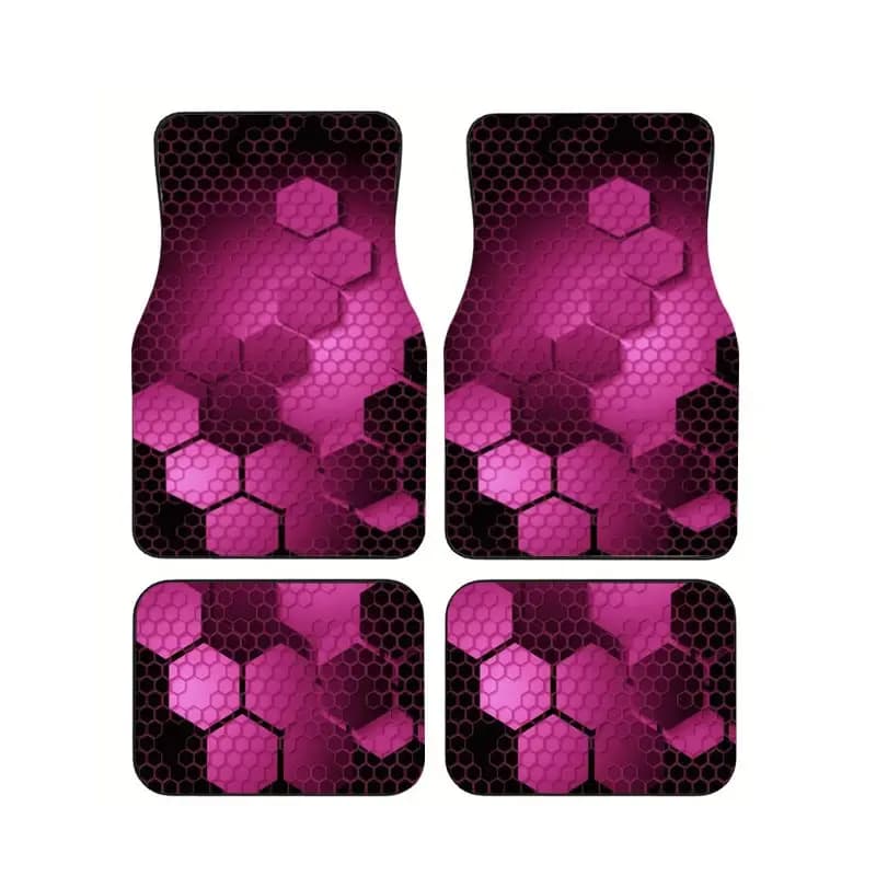 4pcs Rose Pink Honeycomb Print Car Floor Mat Universal Non-Slip Polyester Auto Floor Carpets Set Interior Accessories For SUVs