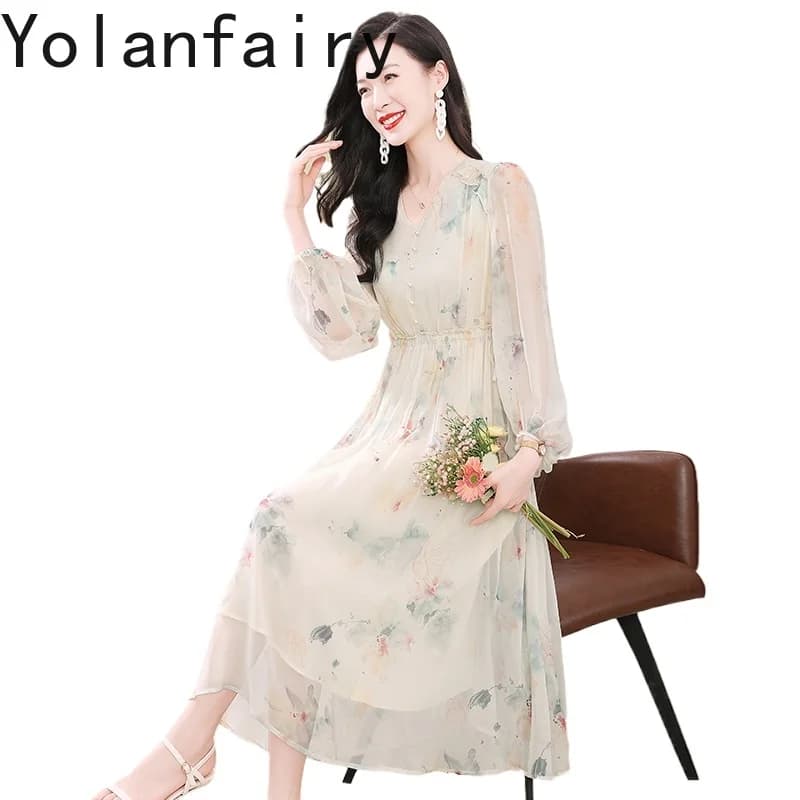 YOLANFAIRY Abito in vera seta da donna Inizio autunno Abiti eleganti con stampa floreale 100% seta di gelso con scollo a V Abito in vita stretta Moda