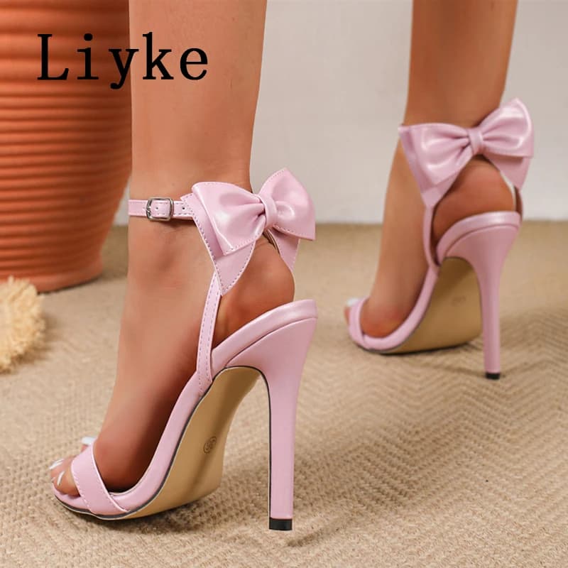 Liyke Sandali estivi alla moda con cinturino alla caviglia con grande nodo a farfalla, eleganti scarpe da donna con punta aperta, tacchi alti rosa, scarpe da ballo per matrimonio, taglia 35-42
