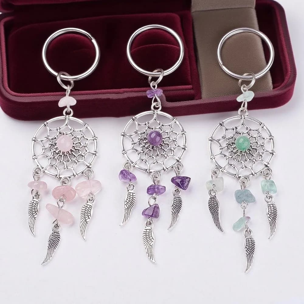 3 Pcs Natural Crystal Gravel Dream Catcher Keychain DreamCatcher Leaves Colorful Trendy Keyring Fashion Artistic Decor