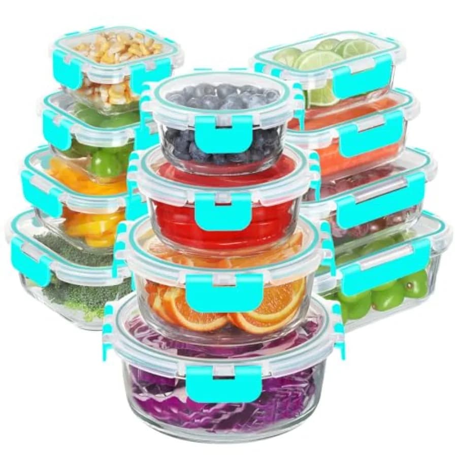 Set di 24 Contenitori in Vetro per Alimenti con Coperchi Ermetici, Contenitori per Preparazione Pasti, Senza BPA, Adatti per Microonde e Lavastoviglie