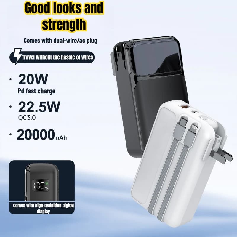 20000mAh Large Capacity with 2 Lines 22.5W Fast Charging Power Bank with AC Plug for IPhone 16 Samsung Xiaomi Spare Battery