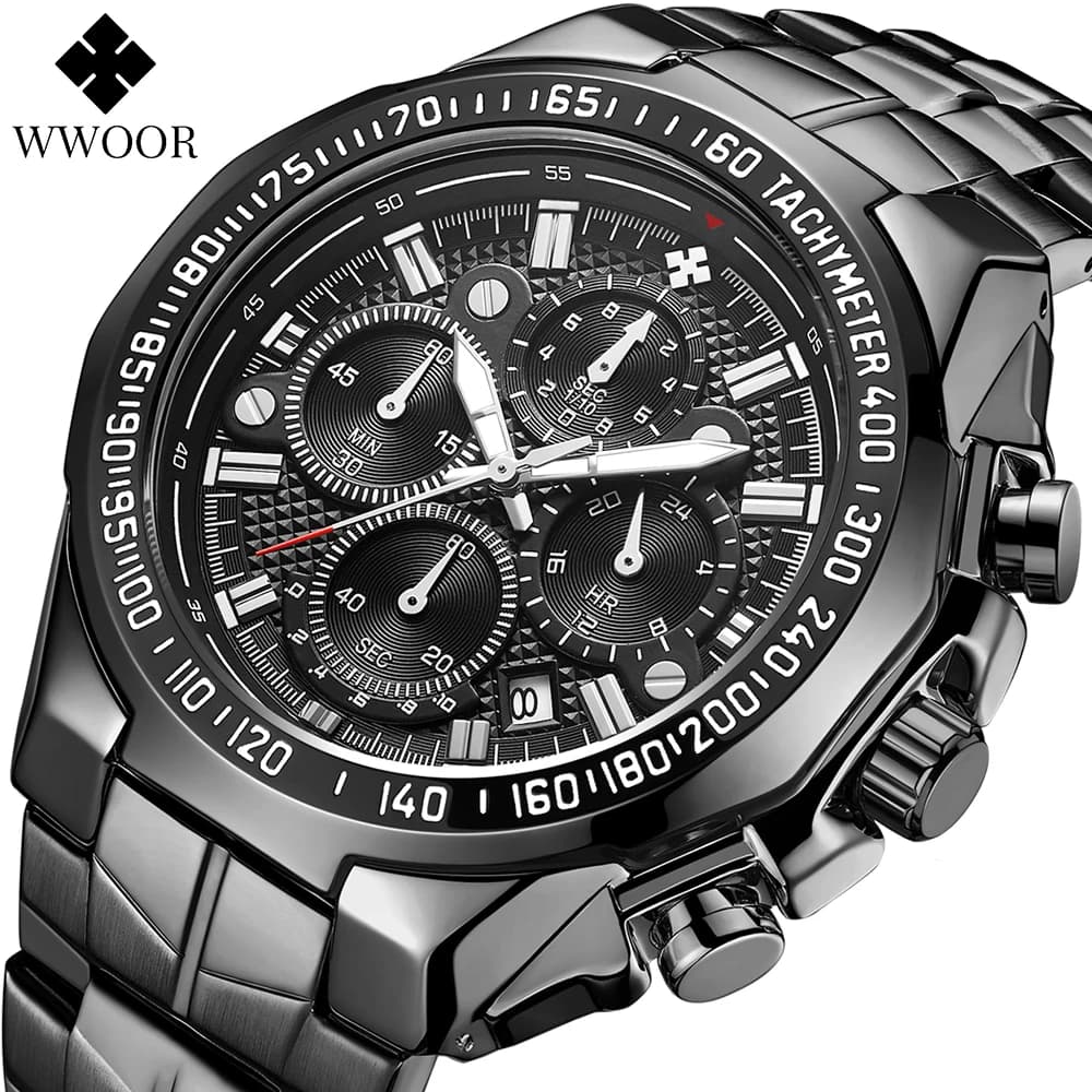 WWOOR Grandi orologi militari di moda per uomo Orologio sportivo al quarzo completamente nero Orologio da polso impermeabile in acciaio inossidabile di lusso delle migliori marche