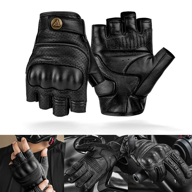 Summer Motocross Protective Gear Goatskin Leather Half finger Riding Gloves Outdoor Sports Gloves Breathable Motorcycle Gloves
