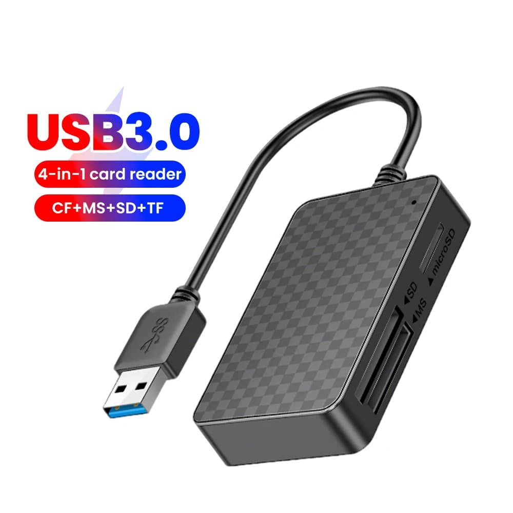 Lettore di schede multifunzione USB 3.0 ad alta velocità 4 in 1 con slot per schede CF/MS/SD/TF per fotocamere, telefoni cellulari, tablet