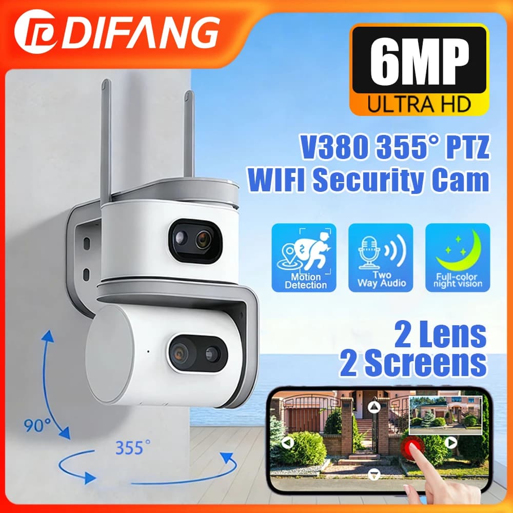 Telecamera di Sicurezza Esterna WiFi V380 6MP con 2 Lenti, 2 Schermi, Tracciamento Automatico, Allarme Sonoro, Visione Notturna a Colori, Registrazione 24/7 CCTV
